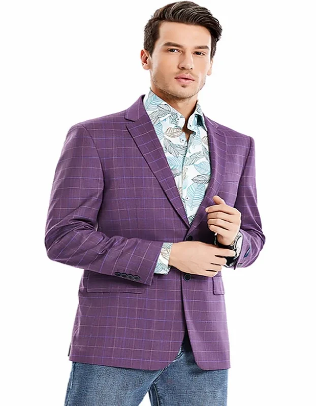 Men's business tuxedo for office gala -Men's Two Button Regular Fit Windowpane Magenta Plaid Sport Coat Blazer