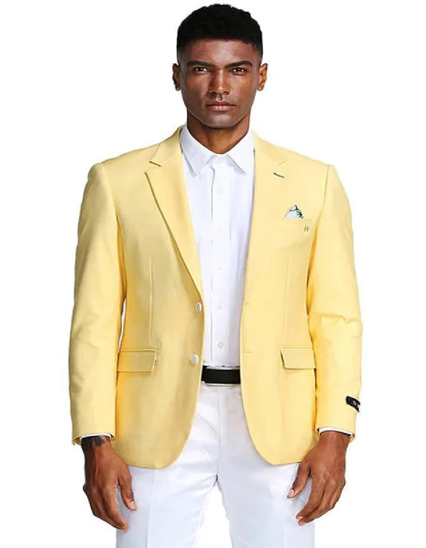 Men's premium black tuxedo for formal gatherings -Men's Two Button Slim Fit Linen Style Lemon Yellow Summer Blazer