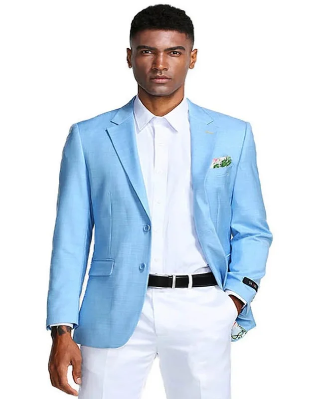 Men's grey tuxedo rental for special occasions -Men's Two Button Slim Fit Linen Style Summer Sky Blue Blazer