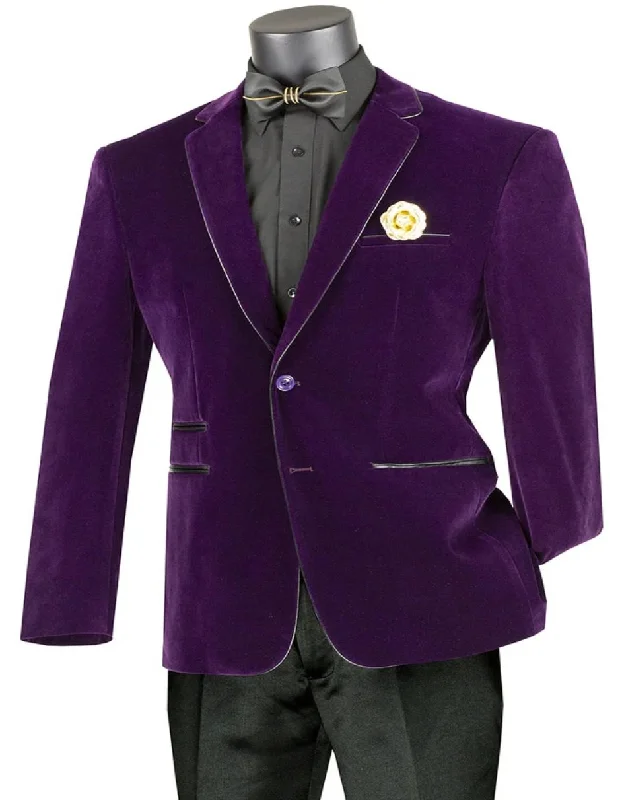 Men's elegant formal tuxedo jacket -Mens Two Button Velvet Purple with Black Leather Piping Trim Blazer