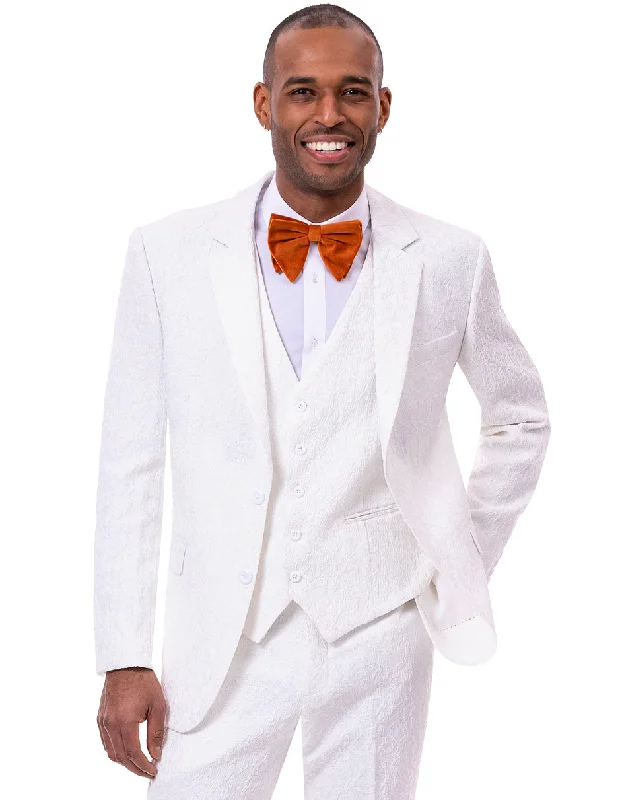 Men's wool tuxedo jacket with satin lapels -Mens Vested Paisley Prom & Wedding Suit in White