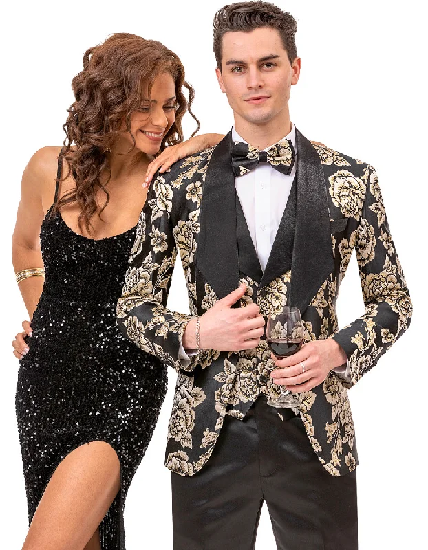 Men's premium designer tuxedo for wedding -Mens Vested Paisley Prom & Wedding Tuxedo in Black & Gold