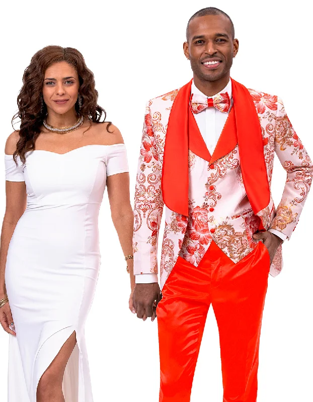 Men's business tuxedo for evening gala -Mens Vested Paisley Prom & Wedding Tuxedo in Peach & Orange