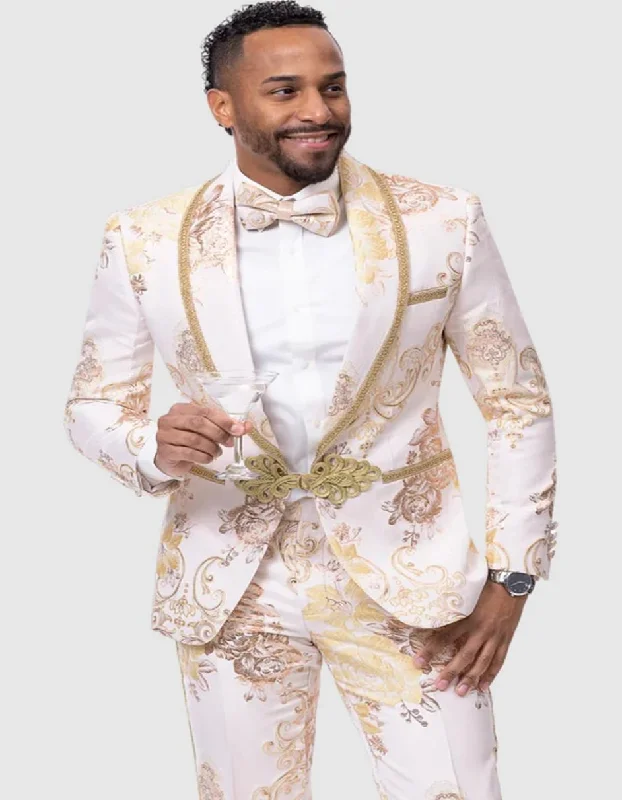 Best tuxedo jacket for men's office event -Mens White & Gold Paisley Prom & Wedding Trim Tuxedo