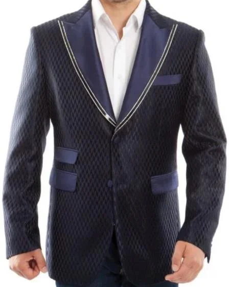 Men's slim fit tuxedo rental for wedding -Navy Blue And Gold Trim Tuxedo Dinner Jacket - Navy Blue Blazer