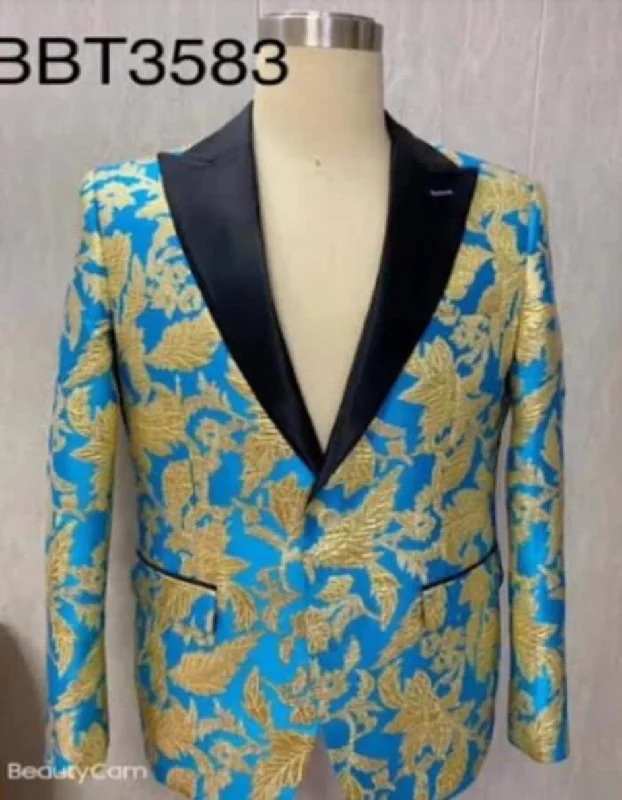 Best men's tuxedo for corporate gatherings -Style-B6362 Mens Blazer - Turquoise and Gold Paisley Blazer - Fashion Prom Sport Coat