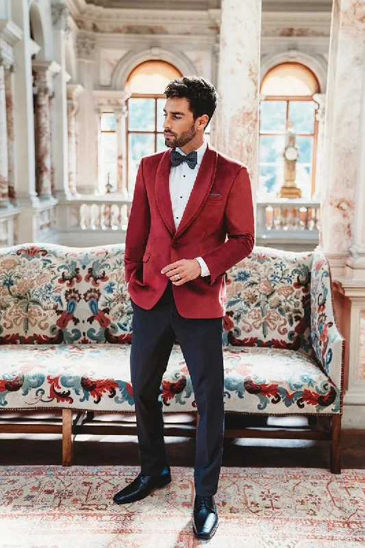 Men's designer tuxedo with satin finish -Velvet Blazer - Mens Blazer - Dinner Jacket "Venice" Ruby Red Velvet Dinner Jacket - Separates