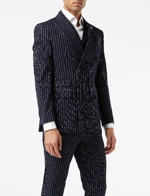 Men's tailored navy tuxedo for office event -ALFRED - NAVY DOUBLE BREASTED WHITE PINSTRIPE JACKET AND WAISTCOAT