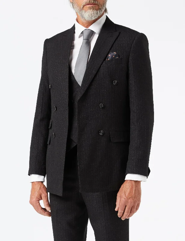 Men's business tuxedo for evening gala -BLACK DOUBLE BREASTED PINSTRIPE JACKET & WAISTCOAT