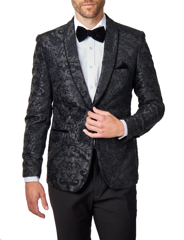 Best tuxedo for wedding party men -GLEN - Black Floral Foliage Jacquard Tuxedo Jacket