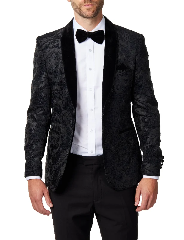 Men's slim fit tuxedo for business party -GLEN - Black Floral Foliage Velvet Jacquard Dinner Jacket