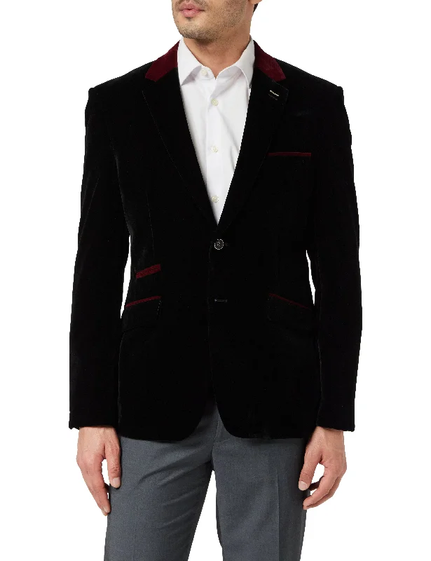 Men's designer wedding tuxedo with satin finish -TIM Black Velvet Blazer with Maroon Trim