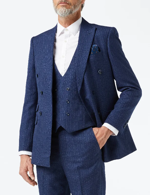 Men's premium business tuxedo with satin finish -BLUE DOUBLE BREASTED PINSTRIPE JACKET & WAISTCOAT