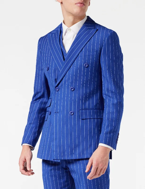 Men's formal tuxedo for office party -BLUE DOUBLE BREASTED WIDE CHALK STRIPE JACKET