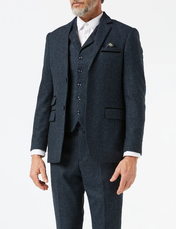 Men's classic blue wool tuxedo for business -CALVIN - BLUE TWEED JACKET & WAISTCOAT