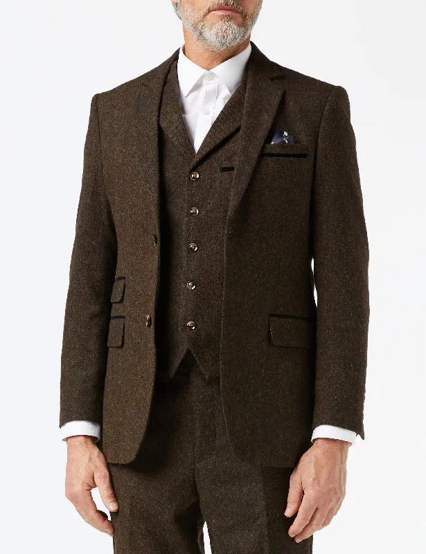 Men's slim fit dinner tuxedo for events -CALVIN - BROWN TWEED JACKET & WAISTCOAT