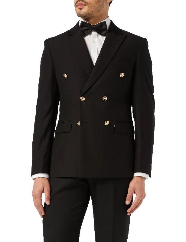 Men's slim fit wedding tuxedo with vest -CLASSIC BLACK DOUBLE BREASTED GOLD BUTTON JACKET