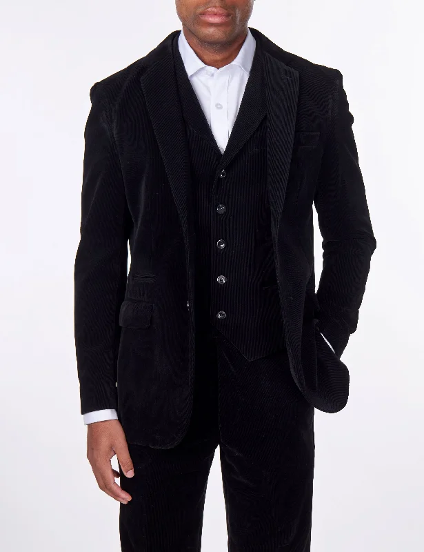 Men's classic navy tuxedo with satin finish -CORDUORY BLACK TAILORED FIT JACKET