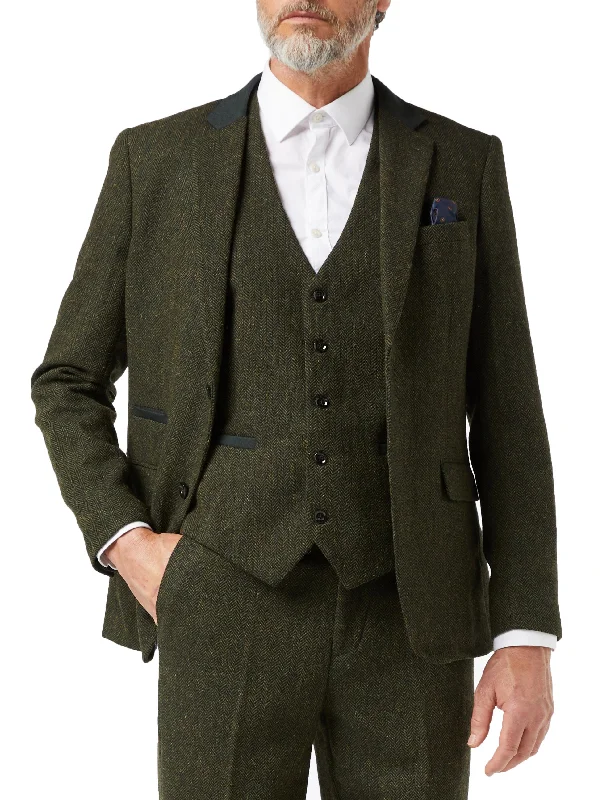 Men's slim fit grey tuxedo with satin lapels -EDWARD OLIVE HERRINGBONE TWEED JACKET