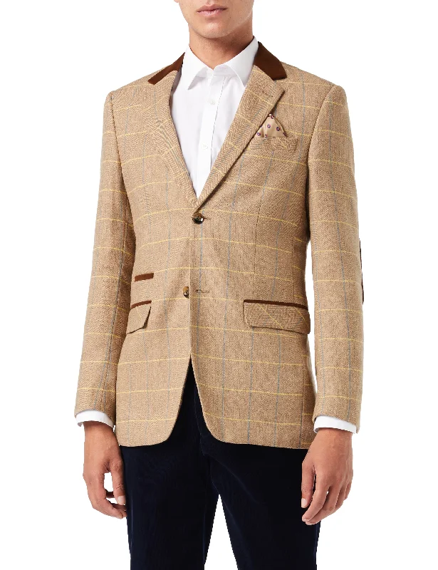 Men's slim fit tuxedo for office dinner -ELTON -  Light Brown Tweed Check Blazer