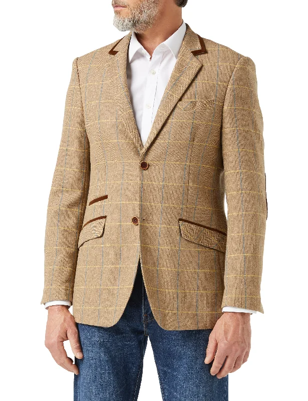 Men's slim fit tuxedo jacket for office event -ELTON - Light Brown Tweed Check Blazer