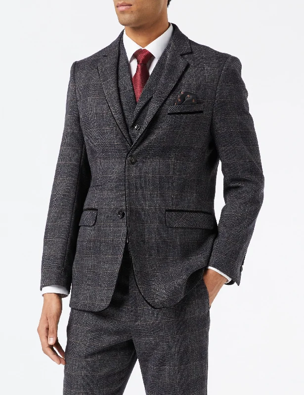 Men's designer navy tuxedo jacket for business -ETHAN - GREY TWEED CHECK JACKET & WAISTCOAT