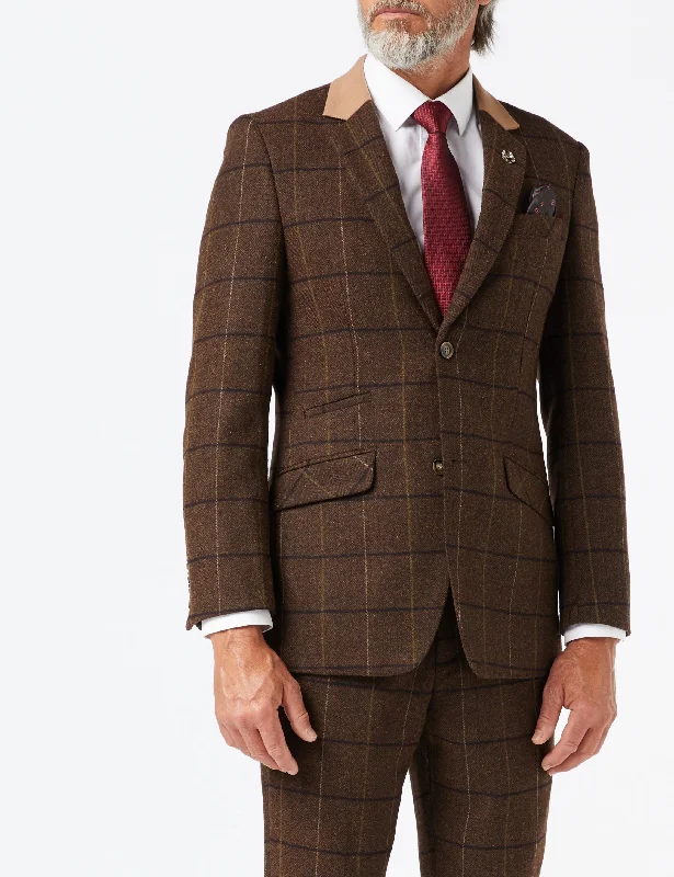 Men's grey tuxedo for corporate events -EVAN - TWEED HERRINGBONE BROWN CHECK JACKET & WAISTCOAT