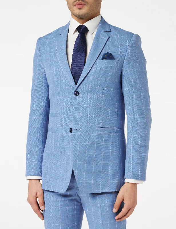 Men's slim fit business tuxedo for office party -GABIN - SKY BLUE WINDOWPANE CHECK JACKET & WAISTCOAT