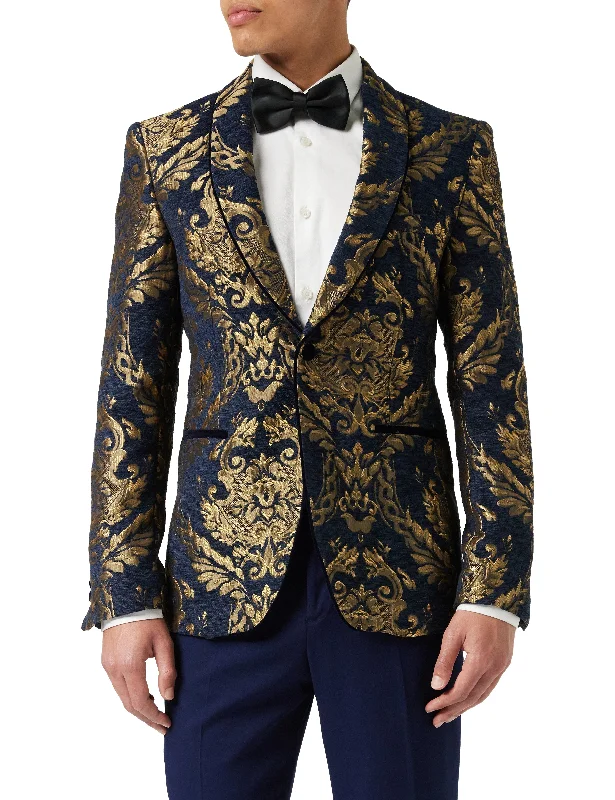 Men's designer tuxedo with satin collar -GLEN - Gold Brocade on Flocked Navy Velvet Jacquard Blazer