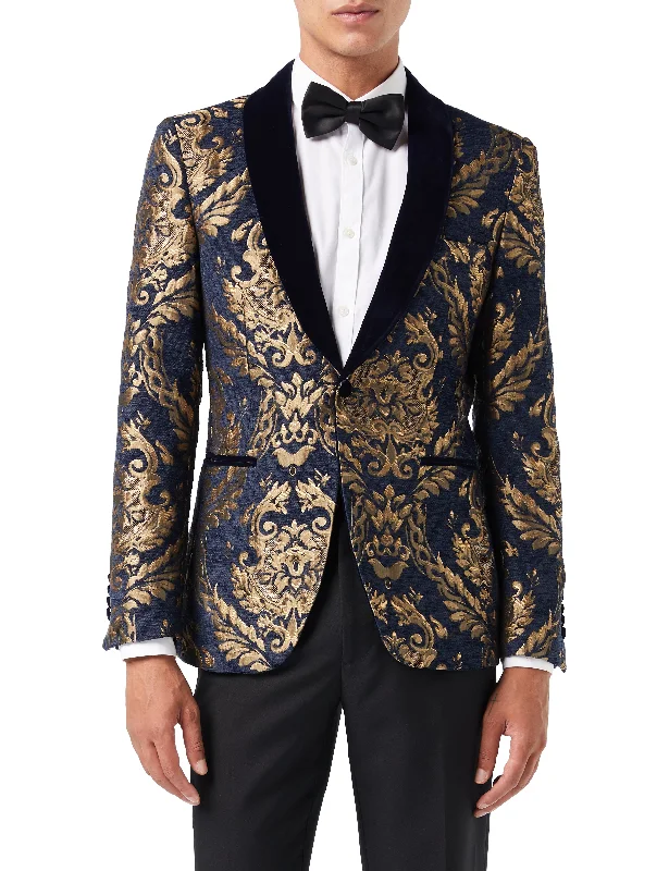 Men's elegant formal tuxedo jacket -GLEN - GOLD BROCADE ON FLOCKED NAVY VELVET LAPEL JACQUARD BLAZER