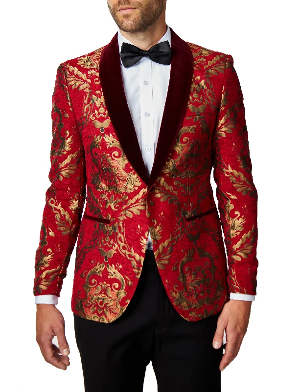 Men's grey tuxedo for business networking -GLEN - Gold Brocade Paisley on Crimson Red Jacquard Dinner Jacket