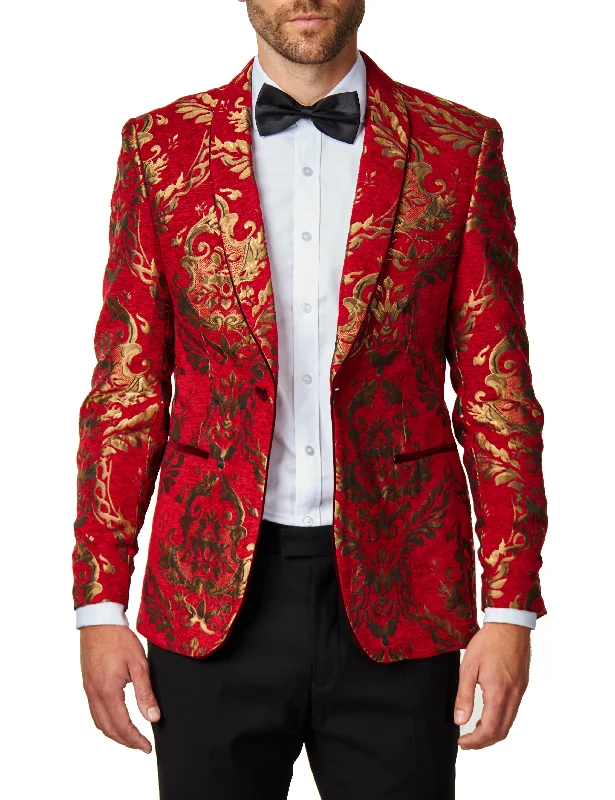 Men's designer tuxedo with satin finish -GLEN - Gold Brocade Paisley Print on Crimson Red Jacquard Tux Jacket