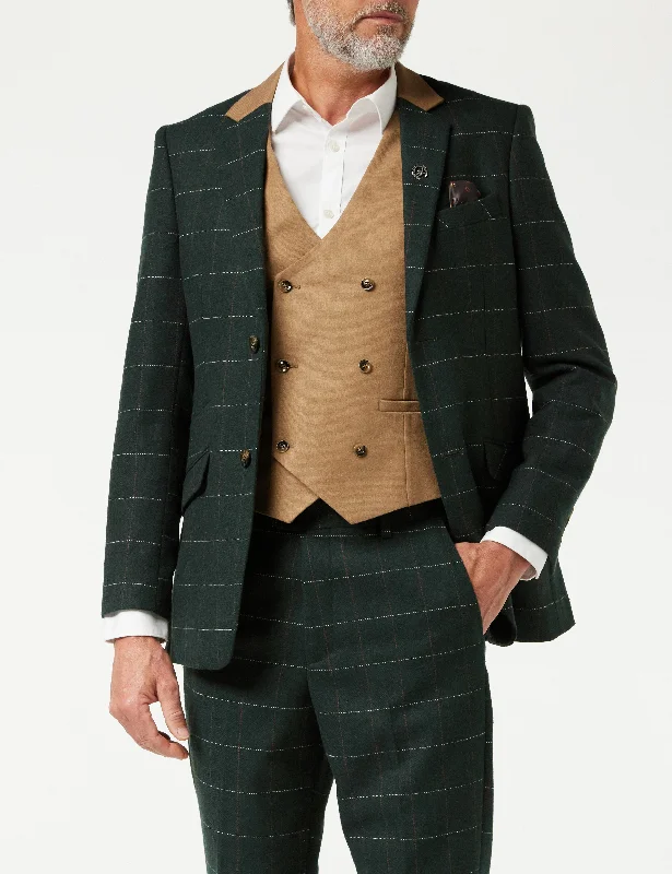 Men's navy tuxedo rental for special events -GREEN HERRINGBONE TWEED CHECK JACKET & WAISTCOAT