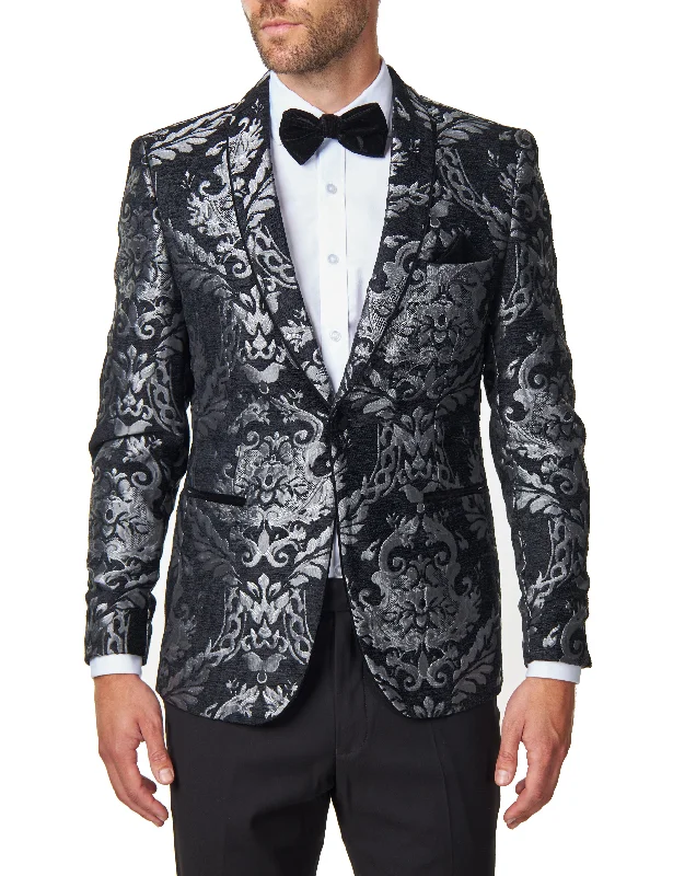 Men's navy wool tuxedo for business meeting -GLEN - Grey Floral Foliage on Black Jacquard Tuxedo Jacket