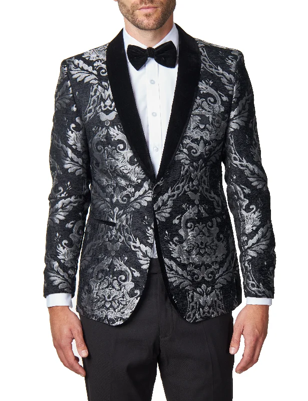 Men's tailored wool tuxedo with bowtie -GLEN - GREY FLORAL FOLIAGE VELVET JACQUARD JACKET