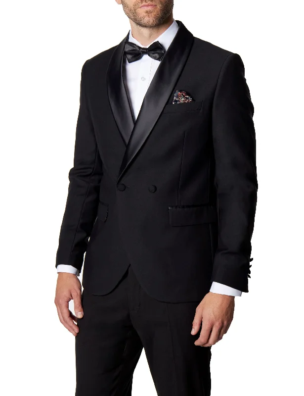 Men's tailored navy tuxedo for office dinner -HARIS – BLACK DOUBLE BREASTED TUXEDO JACKET