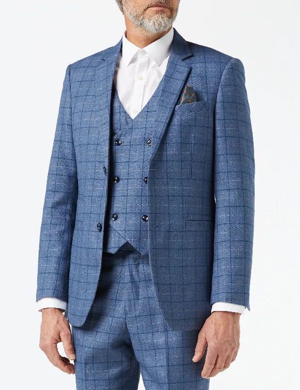 Men's business tuxedo jacket for formal party -HECTOR - BLUE WINDOWPANE CHECK JACKET & WAISTCOAT