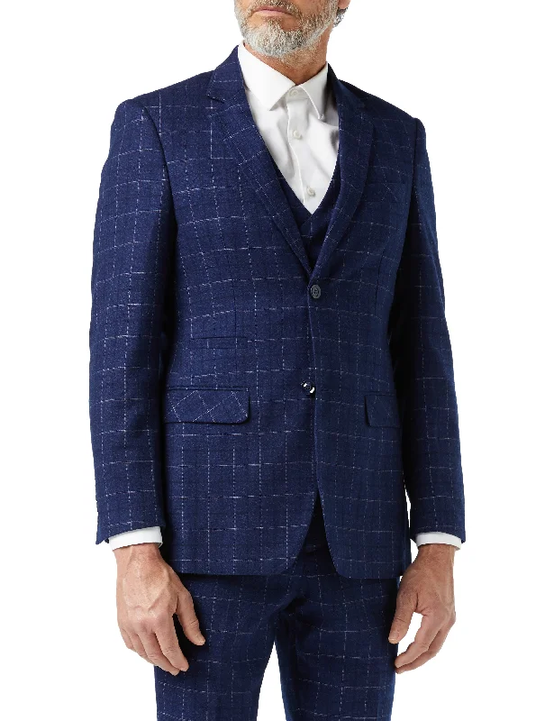 Men's classic navy tuxedo for office party -HECTOR - NAVY GRID WINDOWPANE CHECK  JACKET & WAISTCOAT