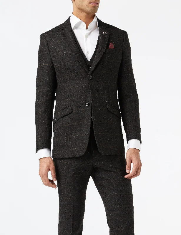 Men's slim fit tuxedo for black tie dinner party -HERRINGBONE TWEED GREY BLACK CHECK JACKET & WAISTCOAT