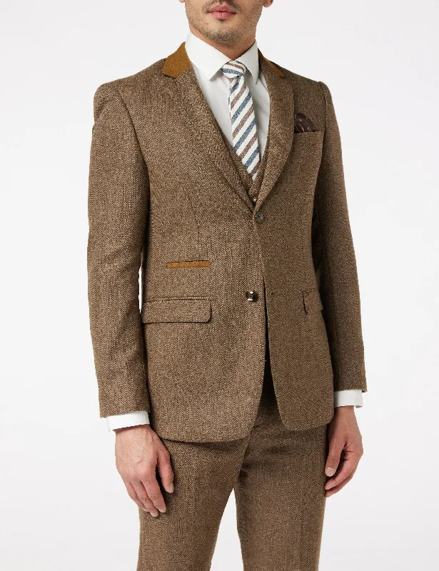 Men's tailored wool tuxedo with bowtie -HERRINGBONE TWEED TAN BROWN JACKET