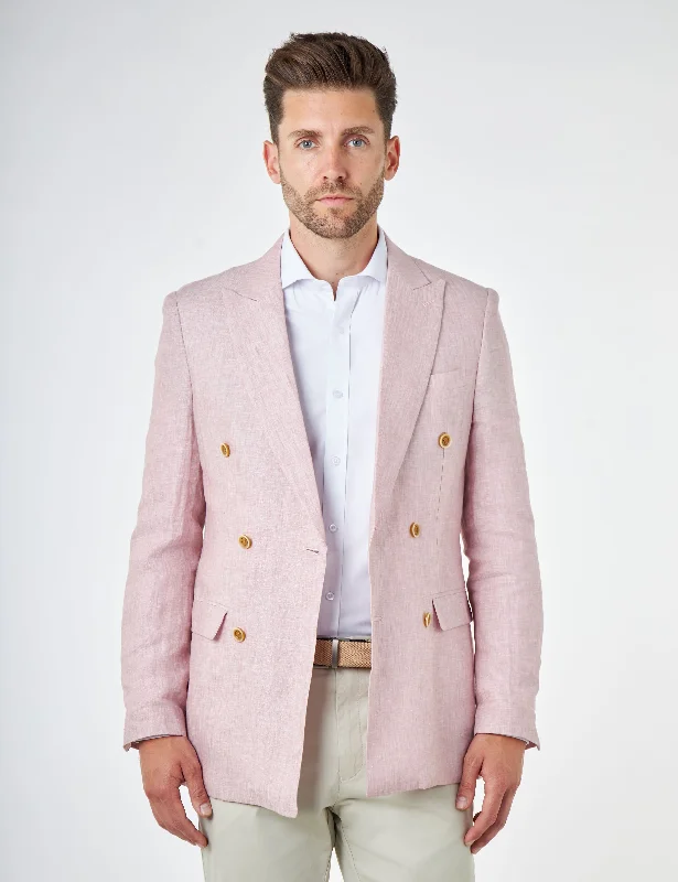 Men's elegant tuxedo jacket for business -LEWIS - Tailored Fit Pink Linen Double Breasted Suit Jacket