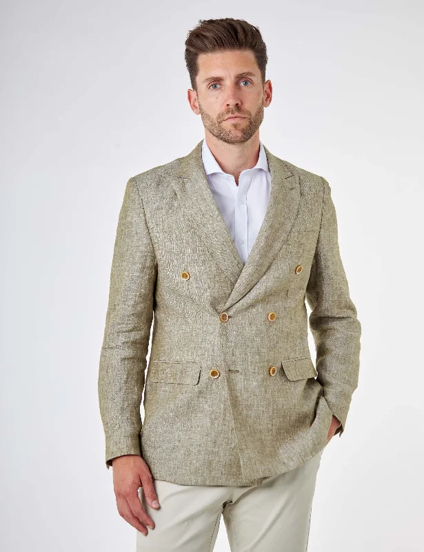 Men's premium wool tuxedo jacket for business -LEWIS - Tailored Fit Sage Green Linen Double Breasted Jacket