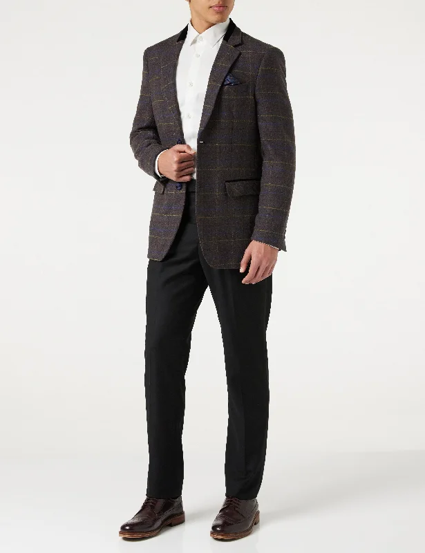 Men's slim fit business tuxedo rental for event -MADISON - BROWN TWEED CHECK PLAIN BLAZER