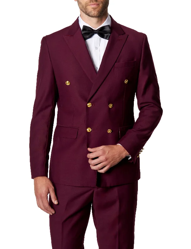 Men's formal tuxedo for wedding with satin collar -MAROON DOUBLE BREASTED GOLD BUTTON JACKET