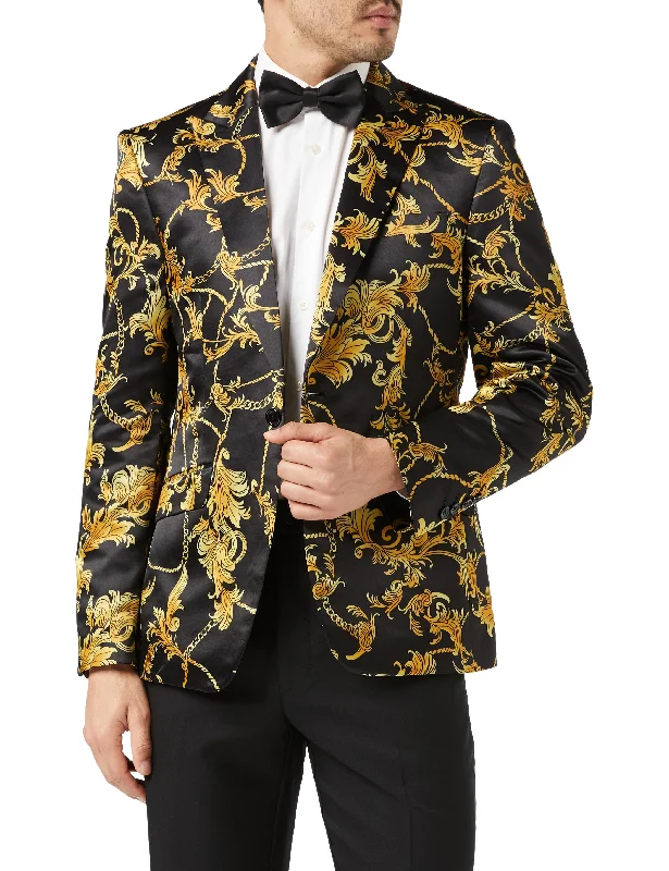 Men's slim fit tuxedo rental for wedding -Gold Floral Brocade Print Blazer