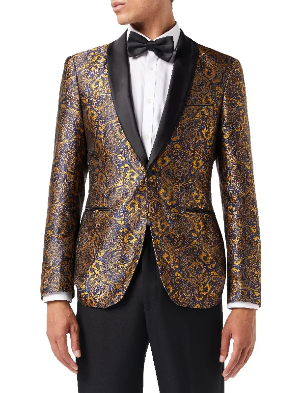 Men's slim fit tuxedo for wedding guests -Gold Paisley Print on Navy Tuxedo Jacket