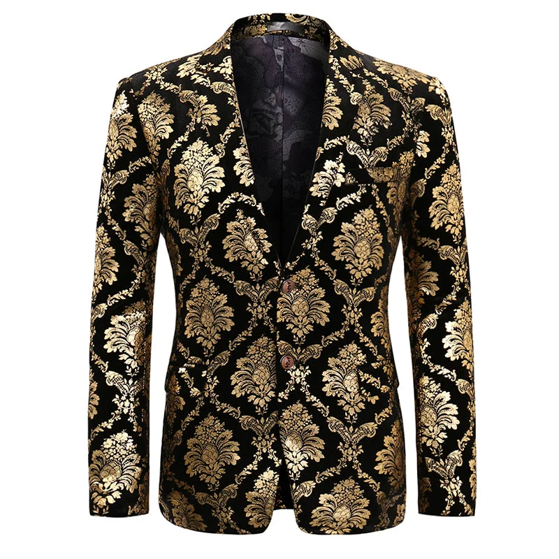 Men's navy tuxedo jacket for business dinner -Modern Fit  Floral Gold Blazer