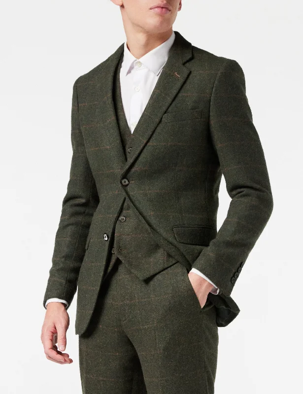 Men's modern grey tuxedo with satin lapel -OLIVE GREEN TWEED CHECK JACKET