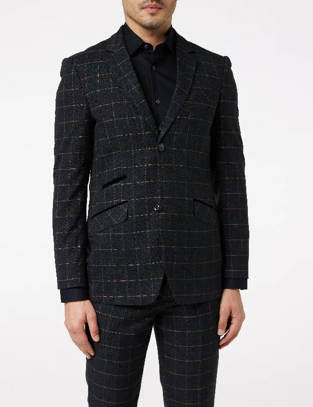 Men's formal tuxedo with satin collar -ORANGE GRID CHECK ON BLACK JACKET & WAISTCOAT