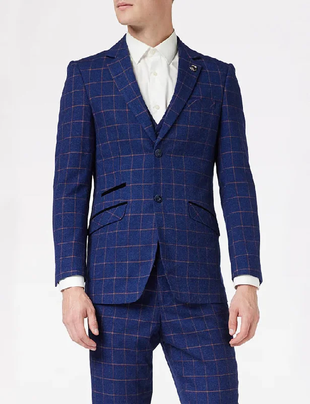 Men's custom tuxedo jacket with satin lapels -ORANGE WINDOW CHECK ON BLUE JACKET & WAISTCOAT